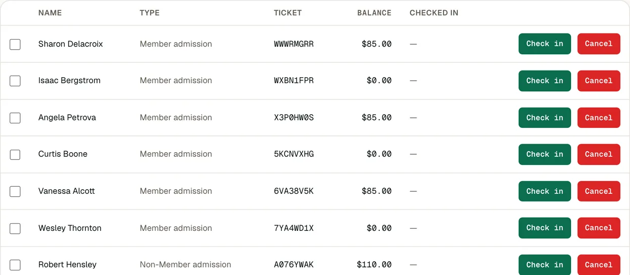 The attendee table for an association event in OneAMS: each attendee with their admission type, ticket serial, outstanding balance and a check-in button.