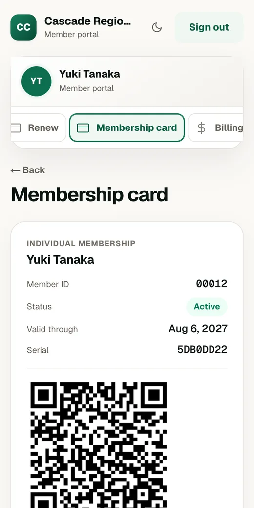 The OneAMS member portal on a phone, showing a member's digital membership card with their member number, active status, expiry date and a scannable code.