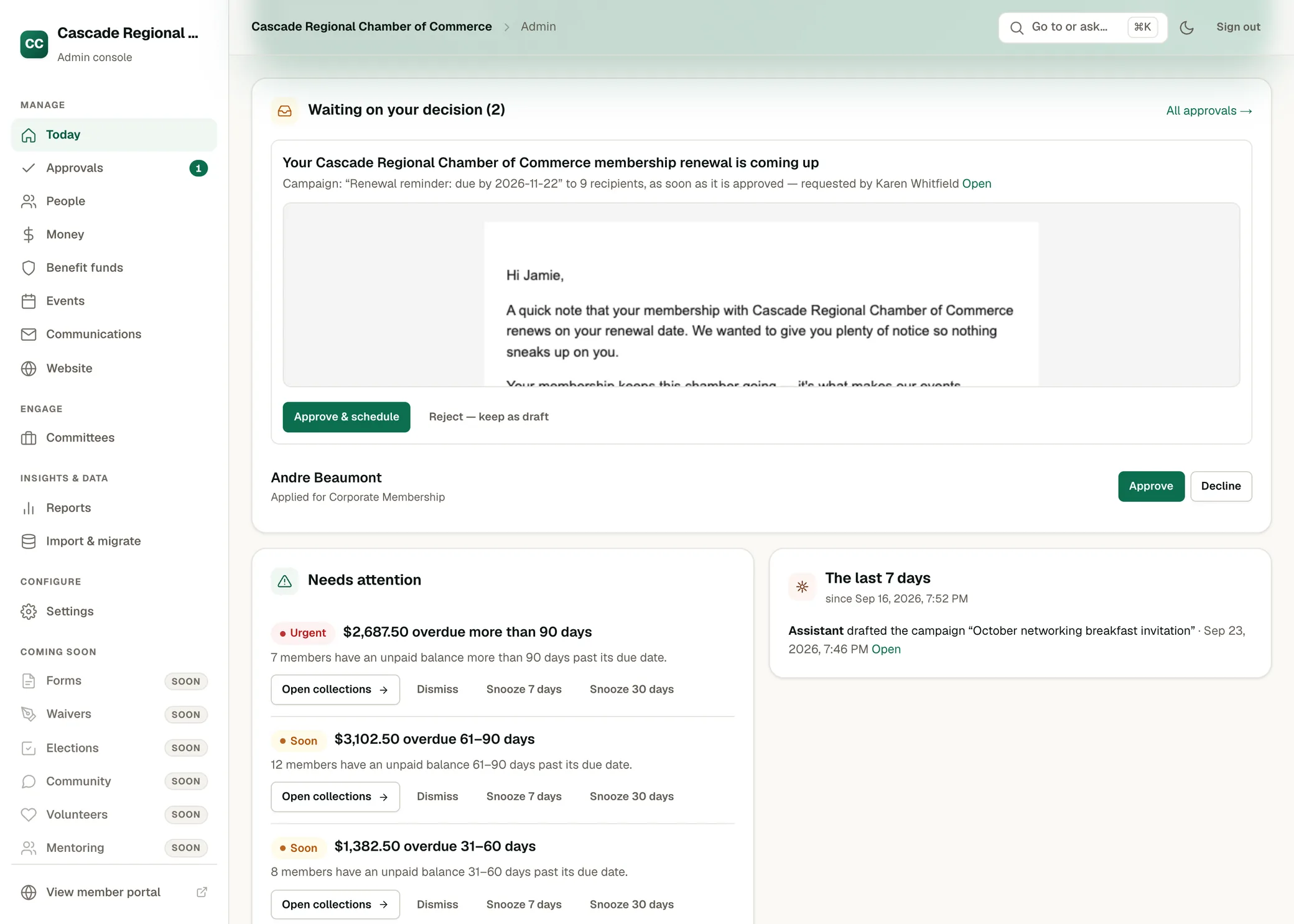 The Today screen in OneAMS for a chamber of commerce: a drafted renewal reminder and a membership application waiting for a decision, a list of overdue balances needing attention, and what the assistant did since the last visit.
